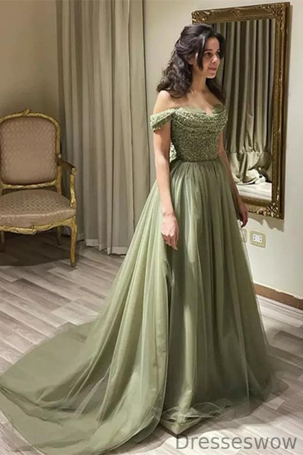 Dresseswow Off-the-Shoulder Sage Prom Dress Sequins Long Tulle With Beads