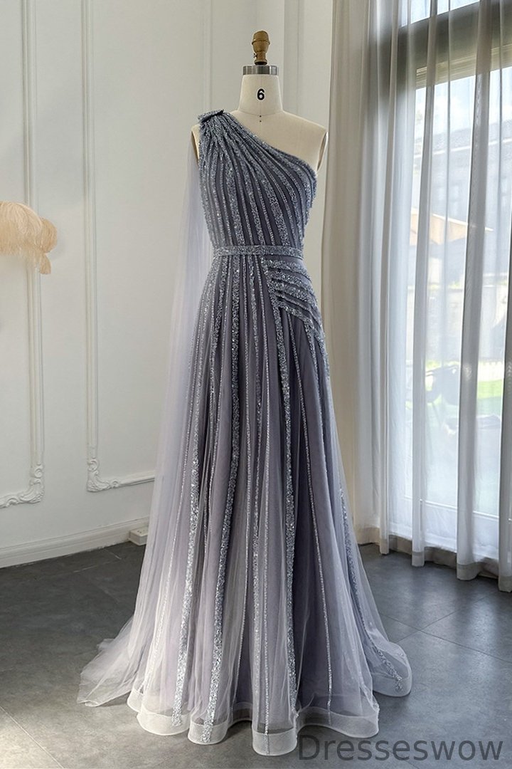 Dresseswow Grey One Shoulder Beadings Evening Dress Tulle Long
