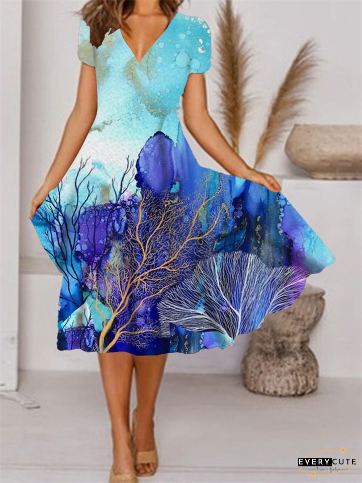 Women's New V-neck Short-sleeved Mid-length Dress Positioning Plant Floral Print Colorful Painting Hem Common-style Dress