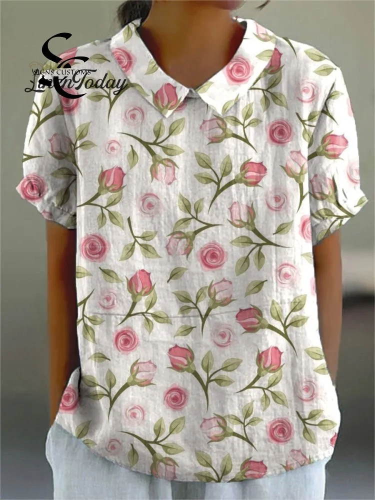 Women's Rose Flower Print Casual Cotton And Linen Shirt