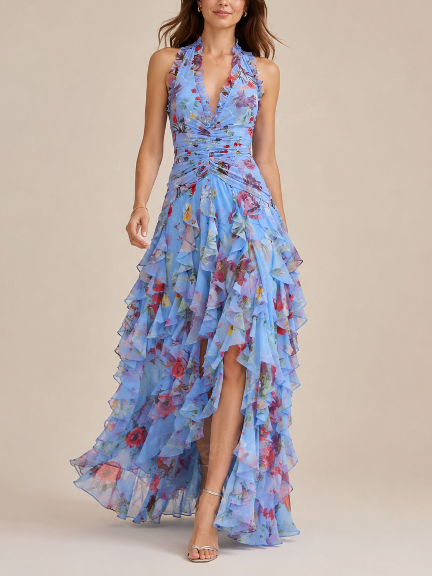 Perfect for a Vineyard Getaway &mdash; Iris Blue Floral Halter Neck Deep V Ruched High-Low Ruffle Maxi Dress