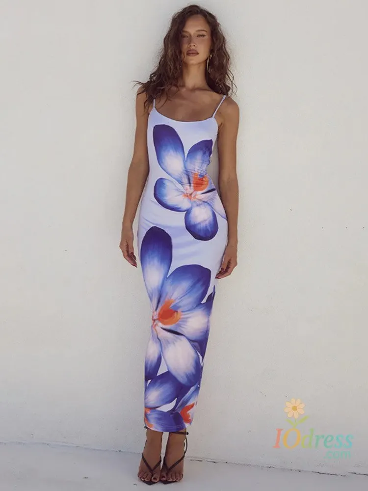 IO Dress Mozision Floreal Print Long Dress For Women Gown Summer New Spaghetti Strap Sleeveless Backless Bodycon Sexy Midi Dress Elegant IO Dress