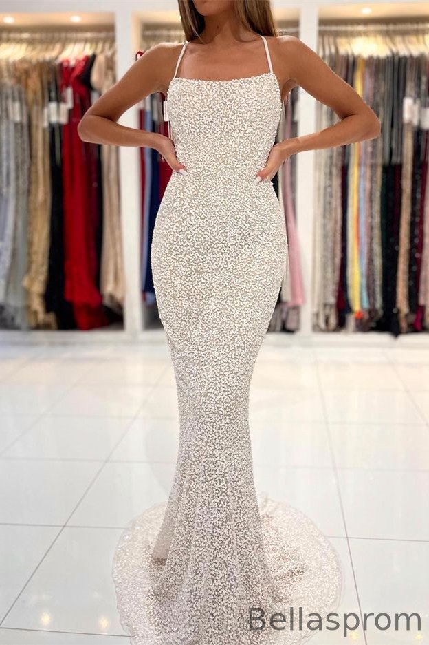 Bellasprom White Spaghetti-Strals Mermaid Prom Dress Sequins Long Sleeveless Bellasprom