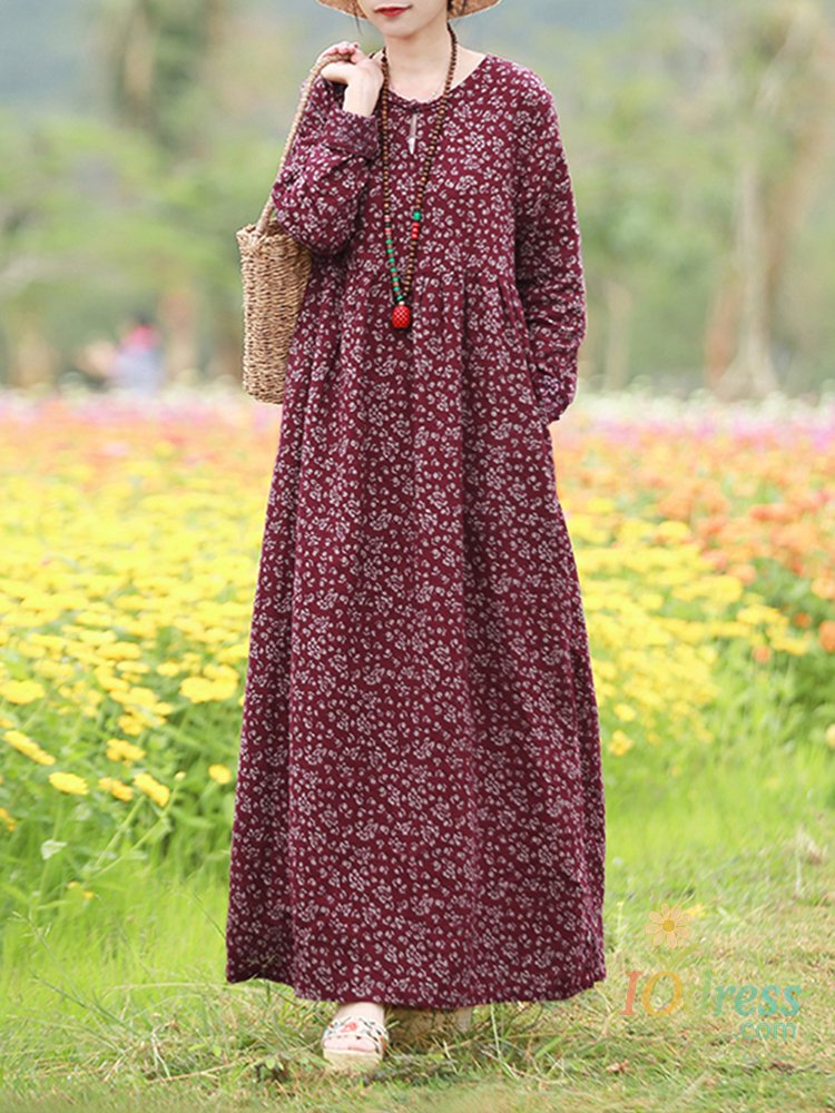 IO Dress Vintage Floral Dress Woman 2025 choice Autumn Bohemian Long Dresses Casual Long Sleeve Maxi Vestidos Loose Robe Femme Oversize