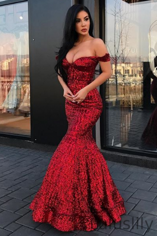 Charming Off-the-Shoulder Mermaid Sequins Prom Dresses Long - lulusllly