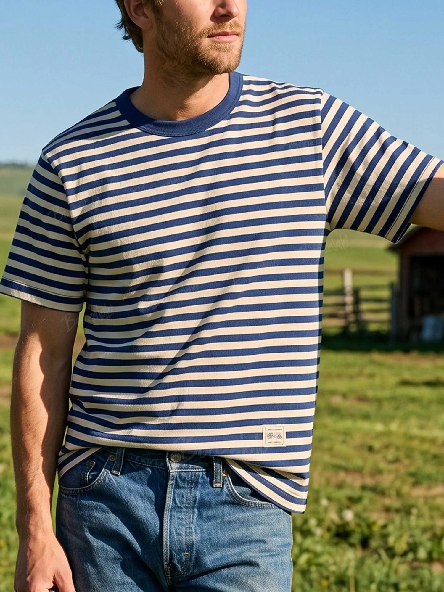 American Western Ranch Contrast Trim Vintage Stripe Short Sleeve Tee
