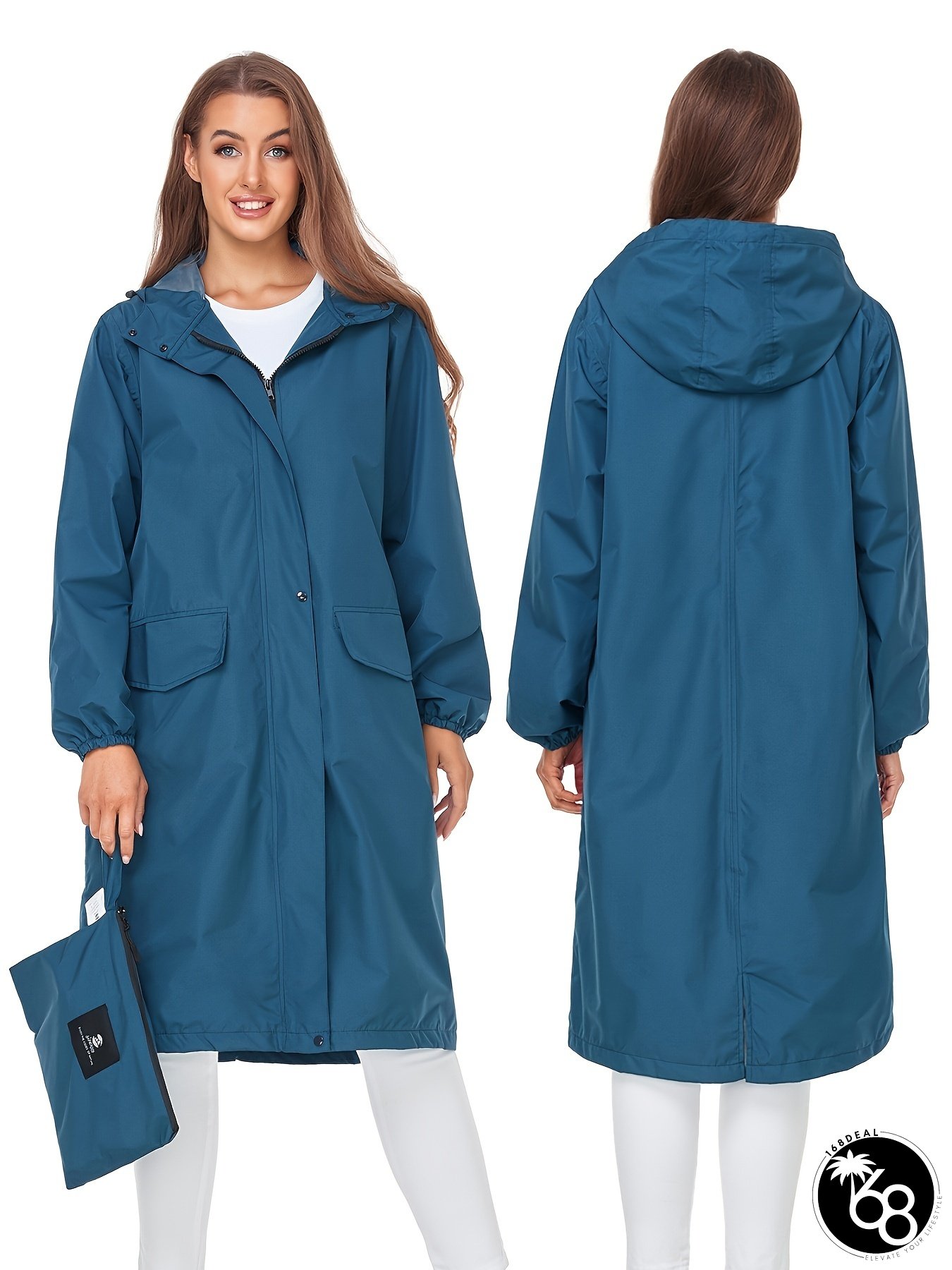 Womens High Quality Lightweight Hooded Long Jacket Packable Knee-Length Coat with Full-Zip | 168DEAL