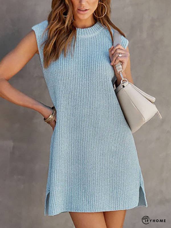 A-Line Loose Solid Color Split-Side Tied Waist Round-Neck Mini Dresses Sweater Dresses | IFYHOME
