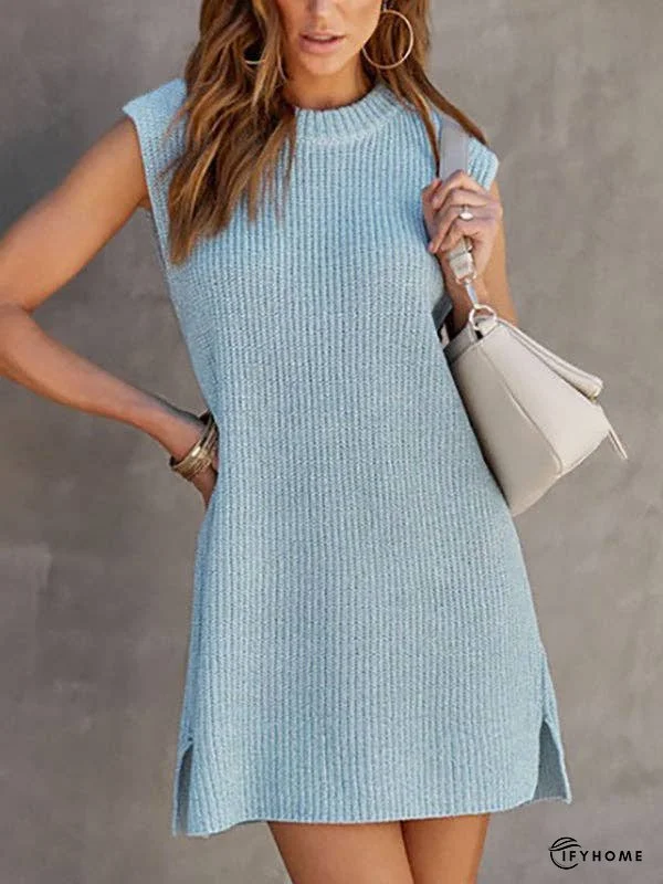 A-Line Loose Solid Color Split-Side Tied Waist Round-Neck Mini Dresses Sweater Dresses | IFYHOME