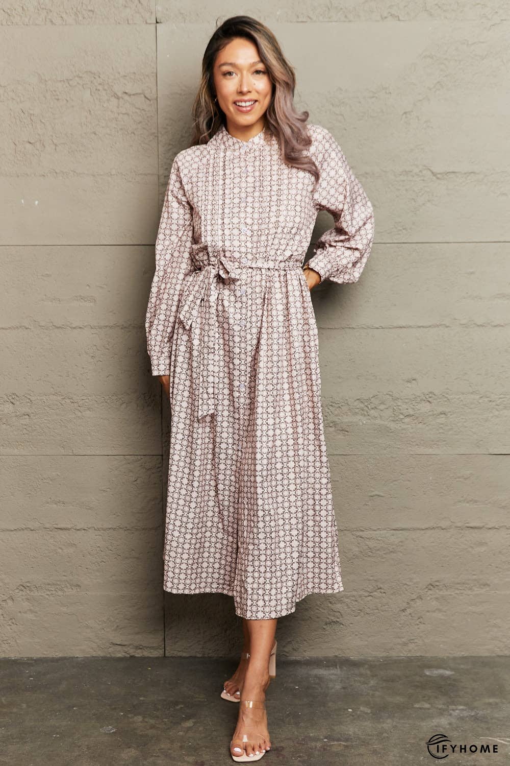 Printed Tie Waist Long Sleeve Dress | IFYHOME