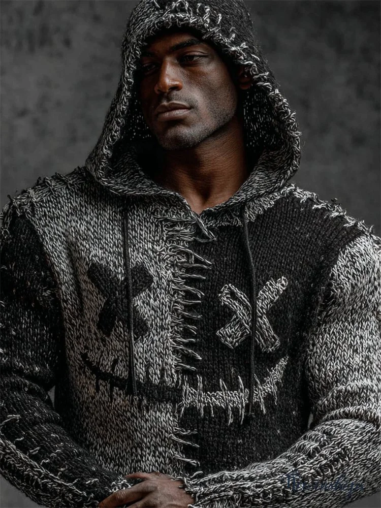 Men's Halloween Spooky Face Contrast Stitched Hooded Knit Sweater
