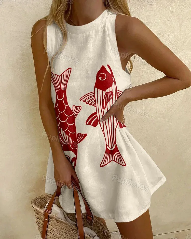 Pupiloves Pupiloves Abstract Fish Print Wave Edge Mini Dress