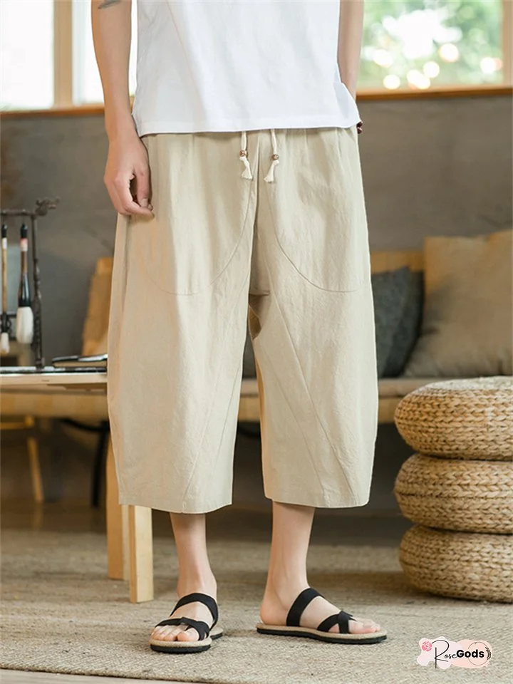 Men's Linen Shorts Summer Shorts Capri Pants Straight Pocket Drawstring Elastic Waist Solid Color Comfort Breathable Ankle-Length Daily Going Out Linen / Cotton Blend Fashion Streetwear Black Wine