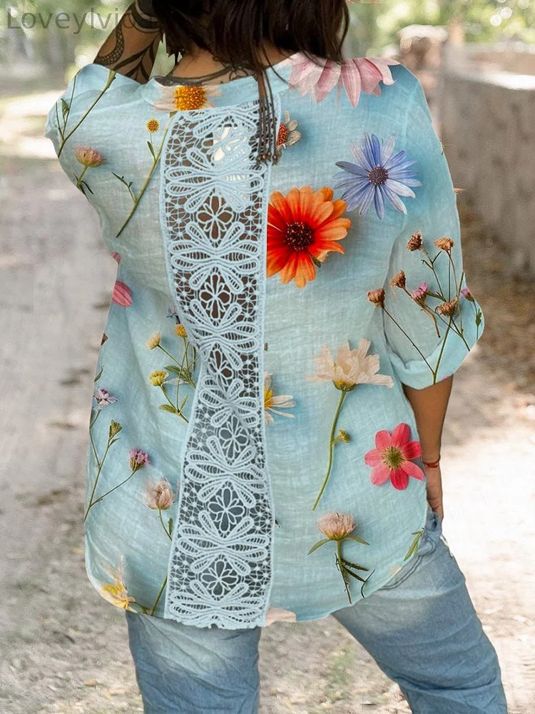 Women's Elegant Lovely Flowers Art Print Casual Cotton And Linen Shirt