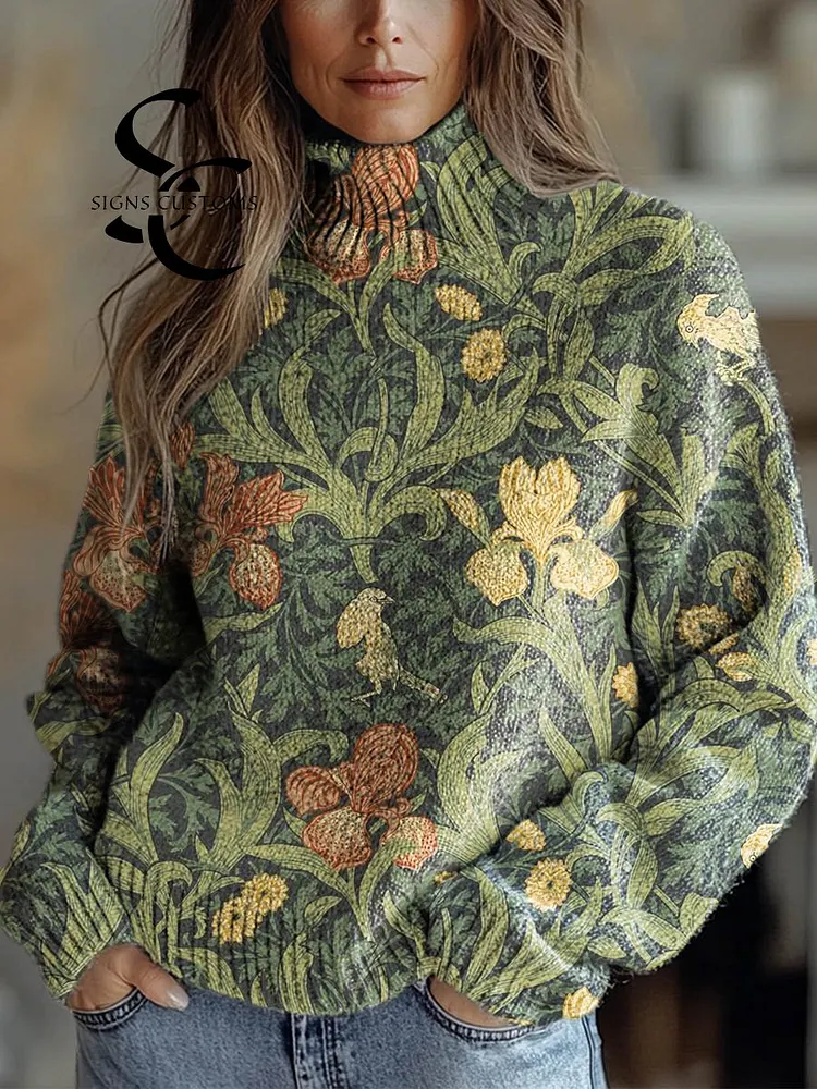Women's Vintage Floral Art Print Knit Turtleneck Pullover Sweater
