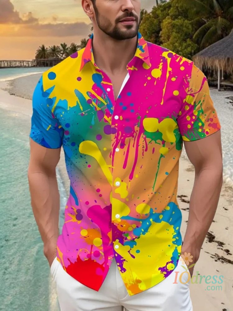 IO Menswear Men's Summer Casual Shirt Vibrant 3D Print Graffiti Art Short Sleeves Lapel Button-Up Top Stylish Streetwear Colorful Shirt Man