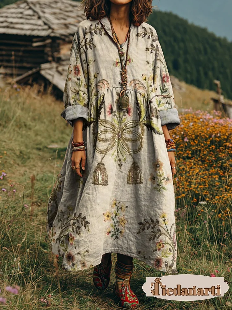 Women's Vintage Floral Art Print V-Neck Long Sleeve Cotton Pocket Dress