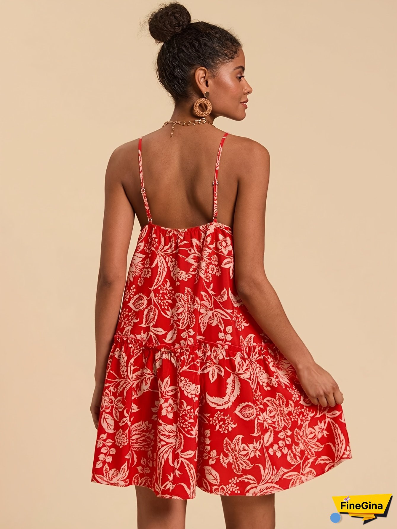 Women's Elegant Red Floral Print Sleeveless Mini Dress With Ruffle Hem - V-Neck, Perfect For Spring/Summer, Polyester, Casual Attire, Casual Dressing | Floral Print Dress | Polyester Dres