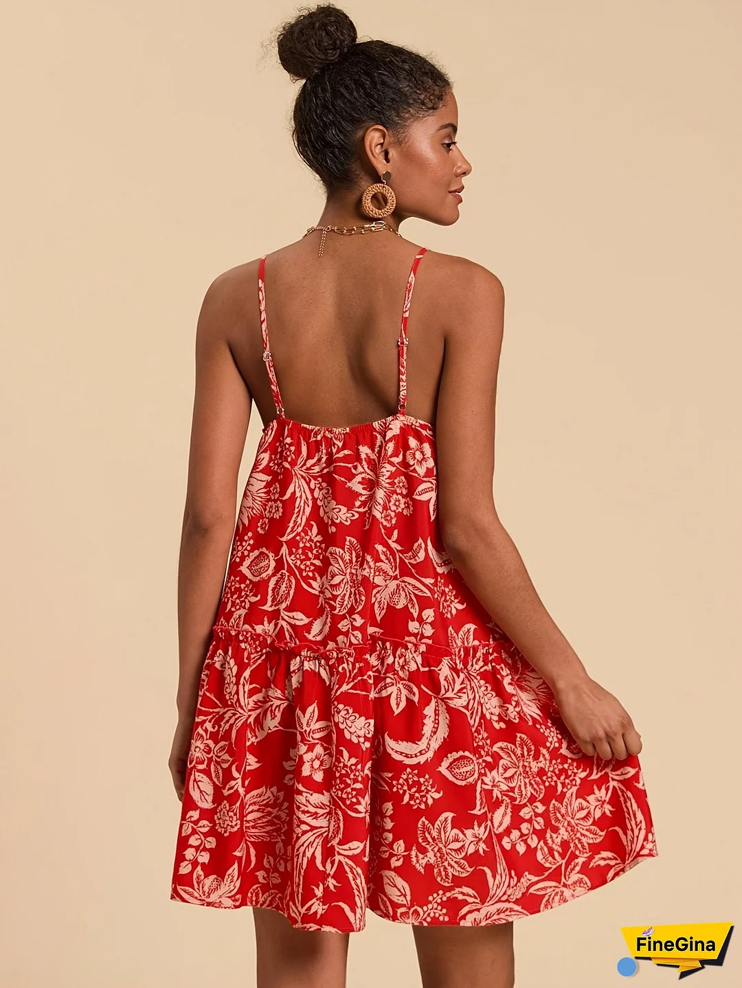 Women's Elegant Red Floral Print Sleeveless Mini Dress With Ruffle Hem - V-Neck, Perfect For Spring/Summer, Polyester, Casual Attire, Casual Dressing | Floral Print Dress | Polyester Dres