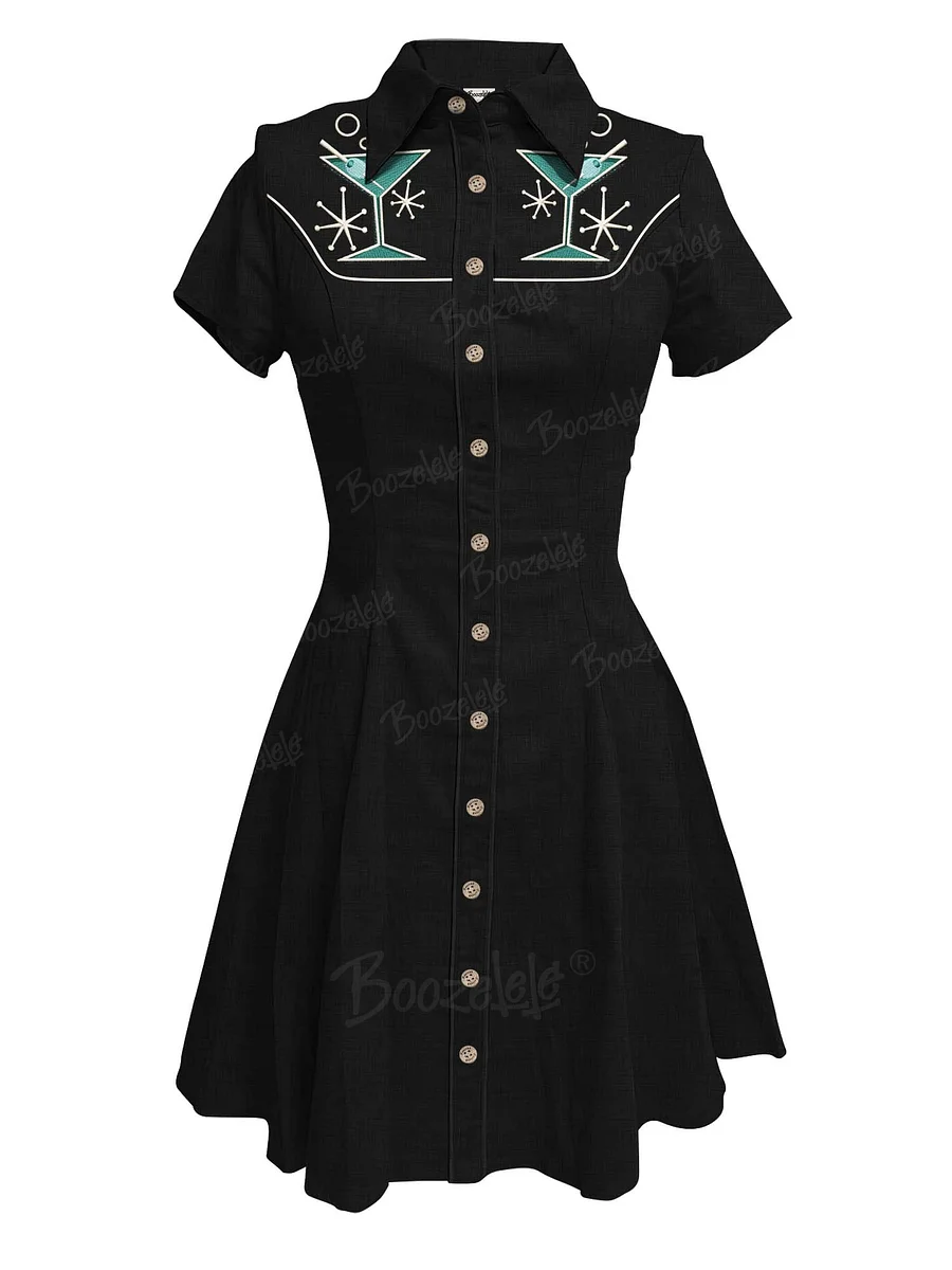 Embroidery1950s Vintage Atomic Cocktail Women's Western Cowboy Double  Pocket Dress Short Sleeve Buttondown 100% Cotton