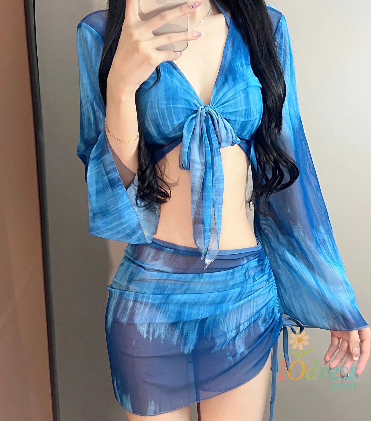 IO Dress 4 Piece Bikini Set Women Blue Tie Dye Mesh Long Sleeve Cover Up with Pleate Skirt Swimsuit Beach Bathing Suit Swimwear