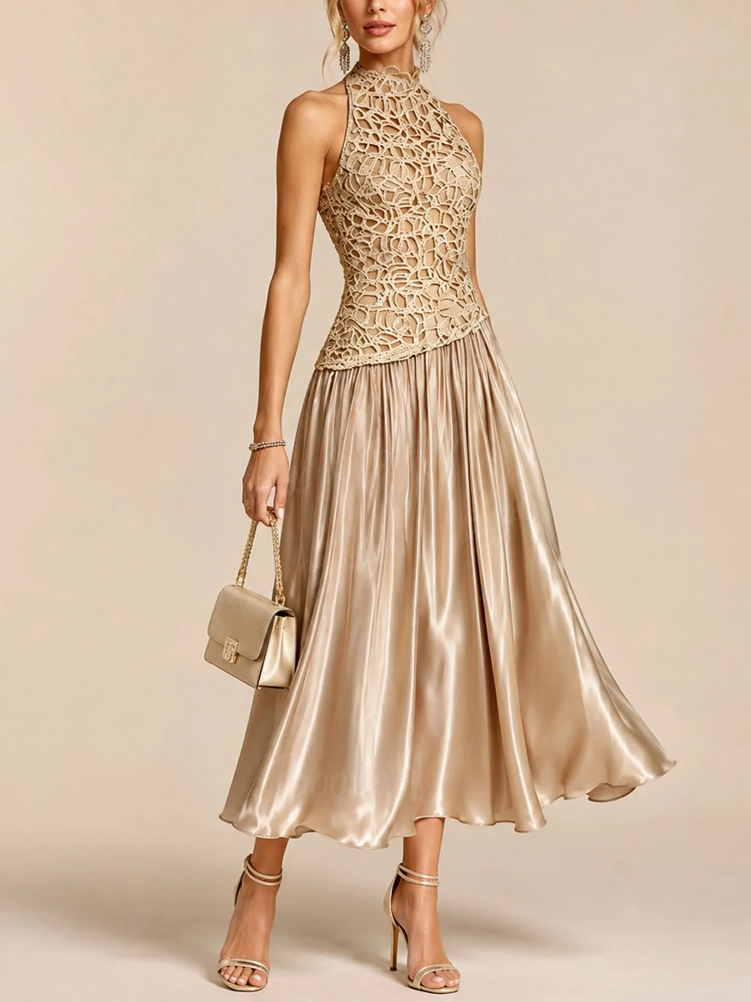 Perfect for Romantic Candlelit Date Nights &mdash; Fall 2026 Women's French Lazy Boho-Chic, Champagne Gold, Statement Patchwork Sexy Maxi Dress