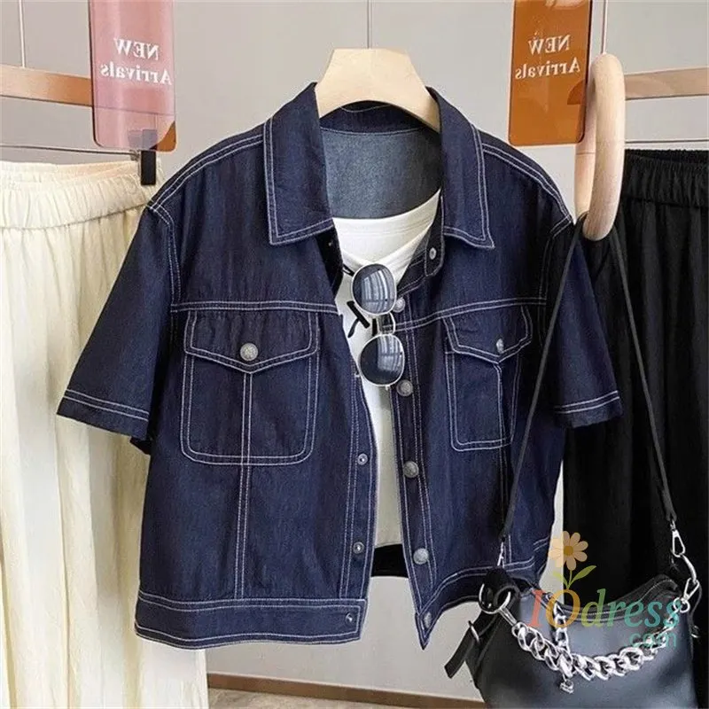 IO Dress 2025 Summer Women's Slim Fit Short Sleeves Collar Denim Jacket Thin Outerwear Casual Single Button Denim Shirt IO Dress