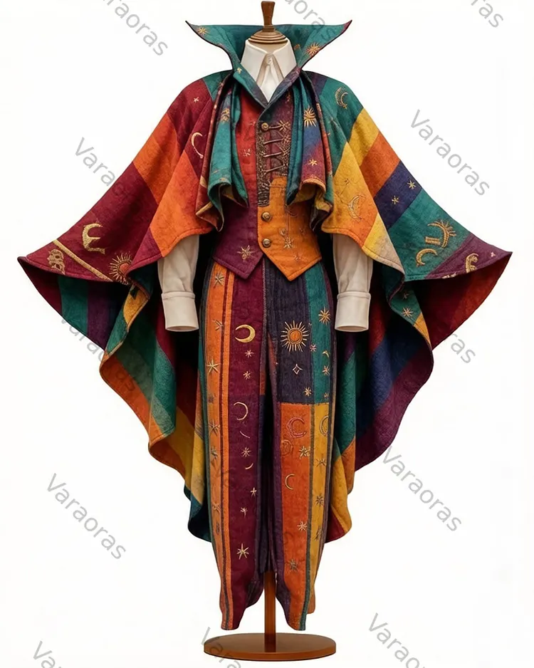 Men's Original Fashionable Comfortable Hippie Rainbow Color Print Embroidery Hand-stitched Cotton Linen Cape  6645