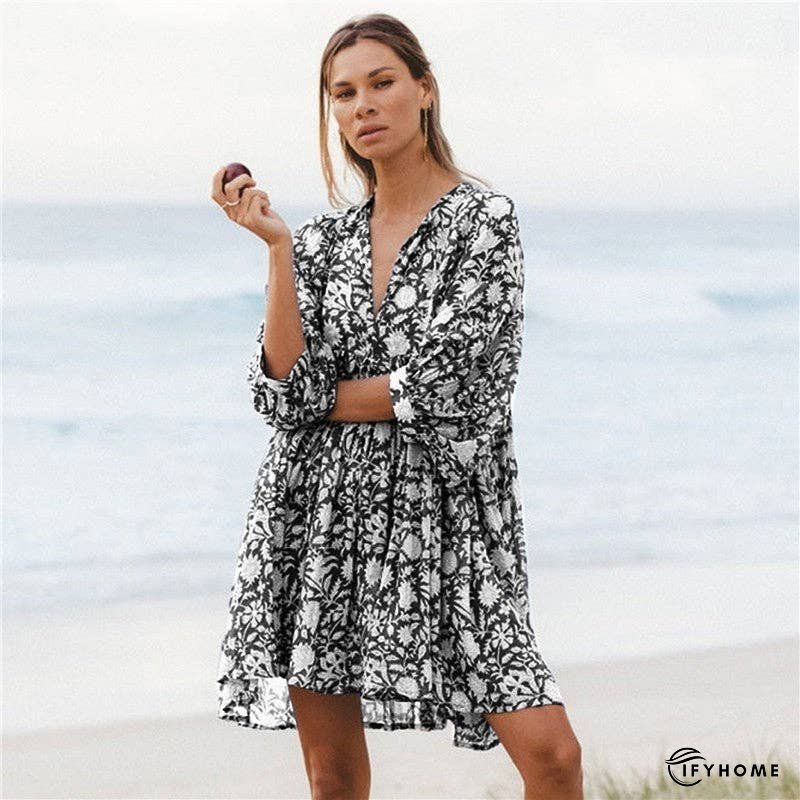 Half Sleeves V-Neck Floral Printed Casual Loose Mini Dress | IFYHOME