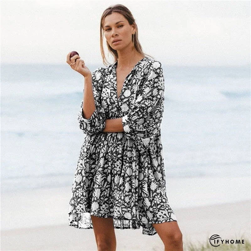Half Sleeves V-Neck Floral Printed Casual Loose Mini Dress | IFYHOME