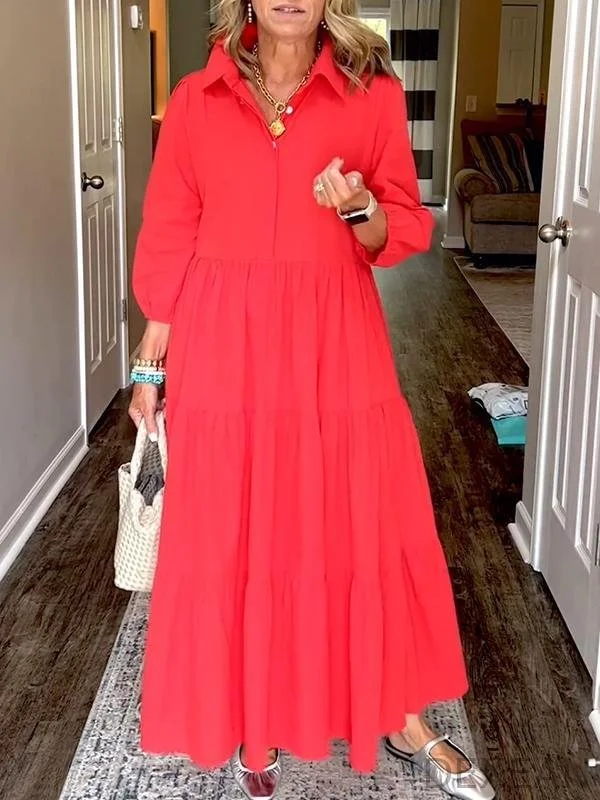 Women's Lapel Solid Color Long-sleeved Dress