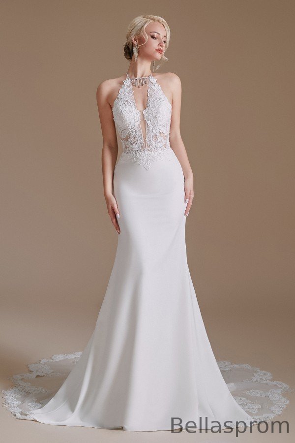 Bellasprom Classy Long Backless Halter Wedding Dress Lace Appliques Mermaid Bellasprom