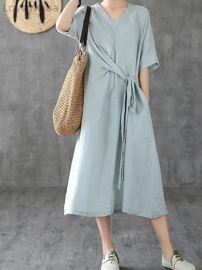 Women's Comfortable Mid sleeved V-neck Lace Up Cotton Linen Long Dress