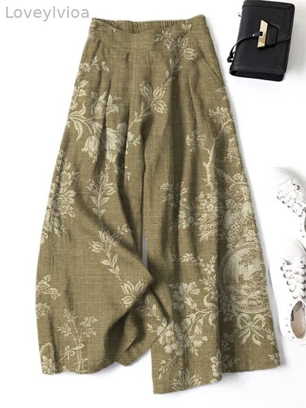 Women's Elegant Retro Palace Flower And Bird Patterns Print Elastic Waist Pocket Pants