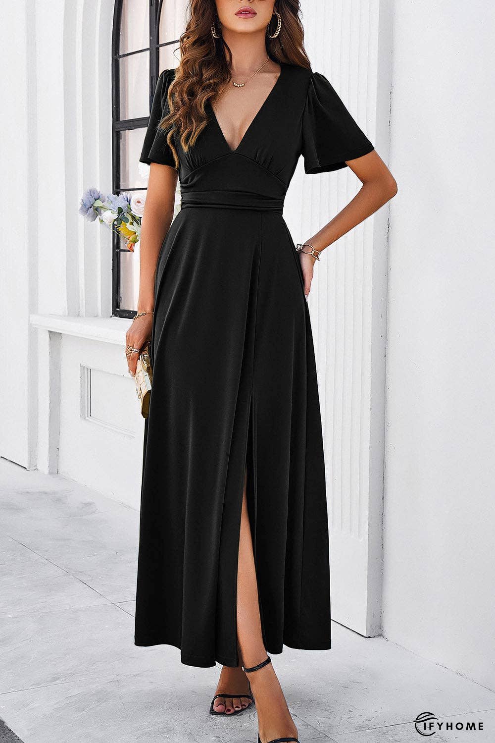 Slit V-Neck Short Sleeve Dress | IFYHOME