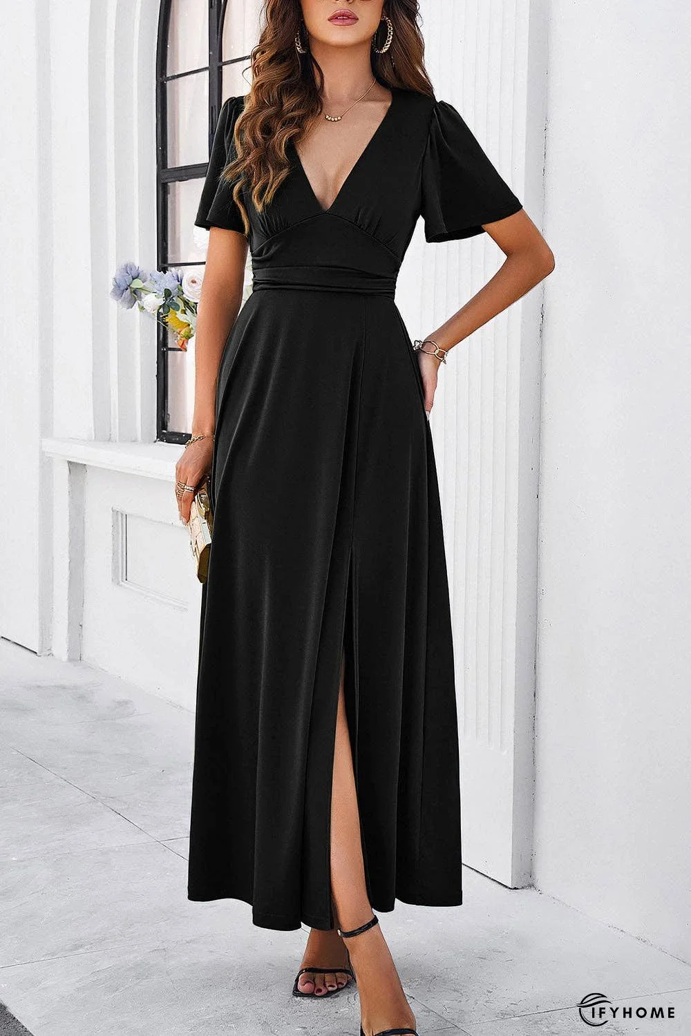 Slit V-Neck Short Sleeve Dress | IFYHOME