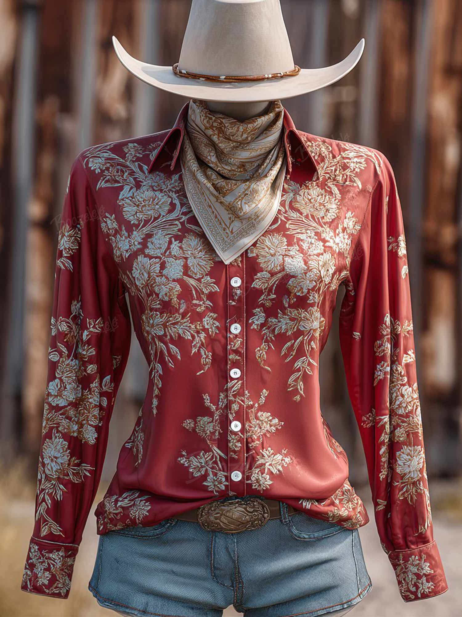 Women's Western Retro Floral - 100% Cotton Shirt