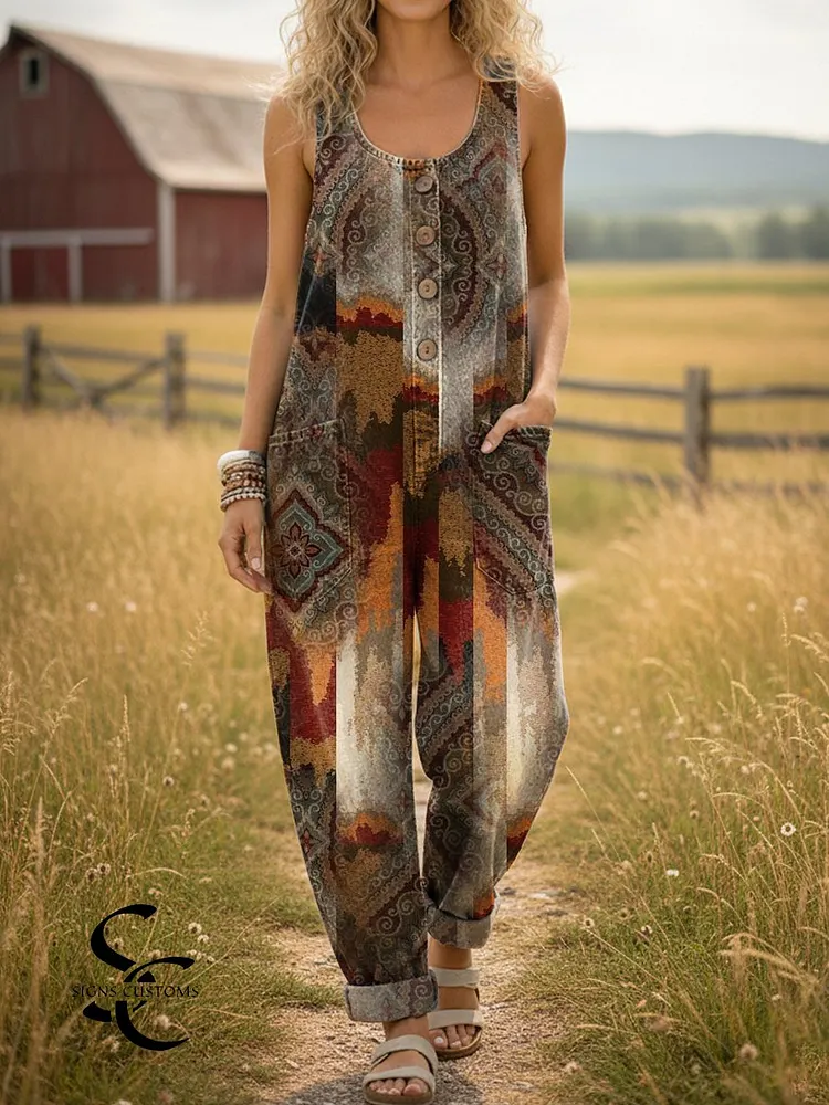 Women's Vintage Ethnic Style Pattern Print Casual Denim Jumpsuit