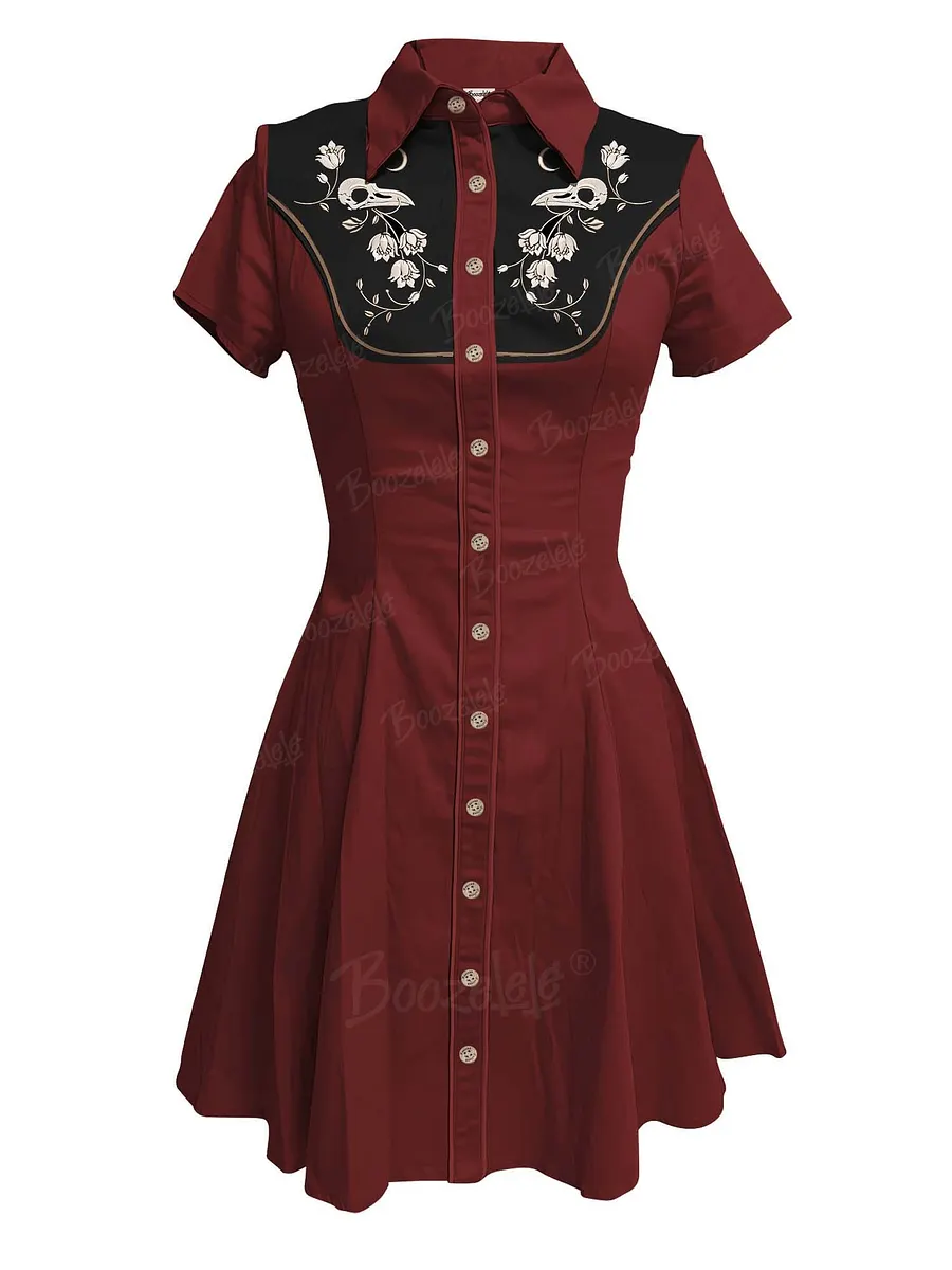 Skeleton Crow Head And Flower Embroidery Women's Western Cowboy Double  Pocket Dress Short Sleeve Buttondown 100% Cotton