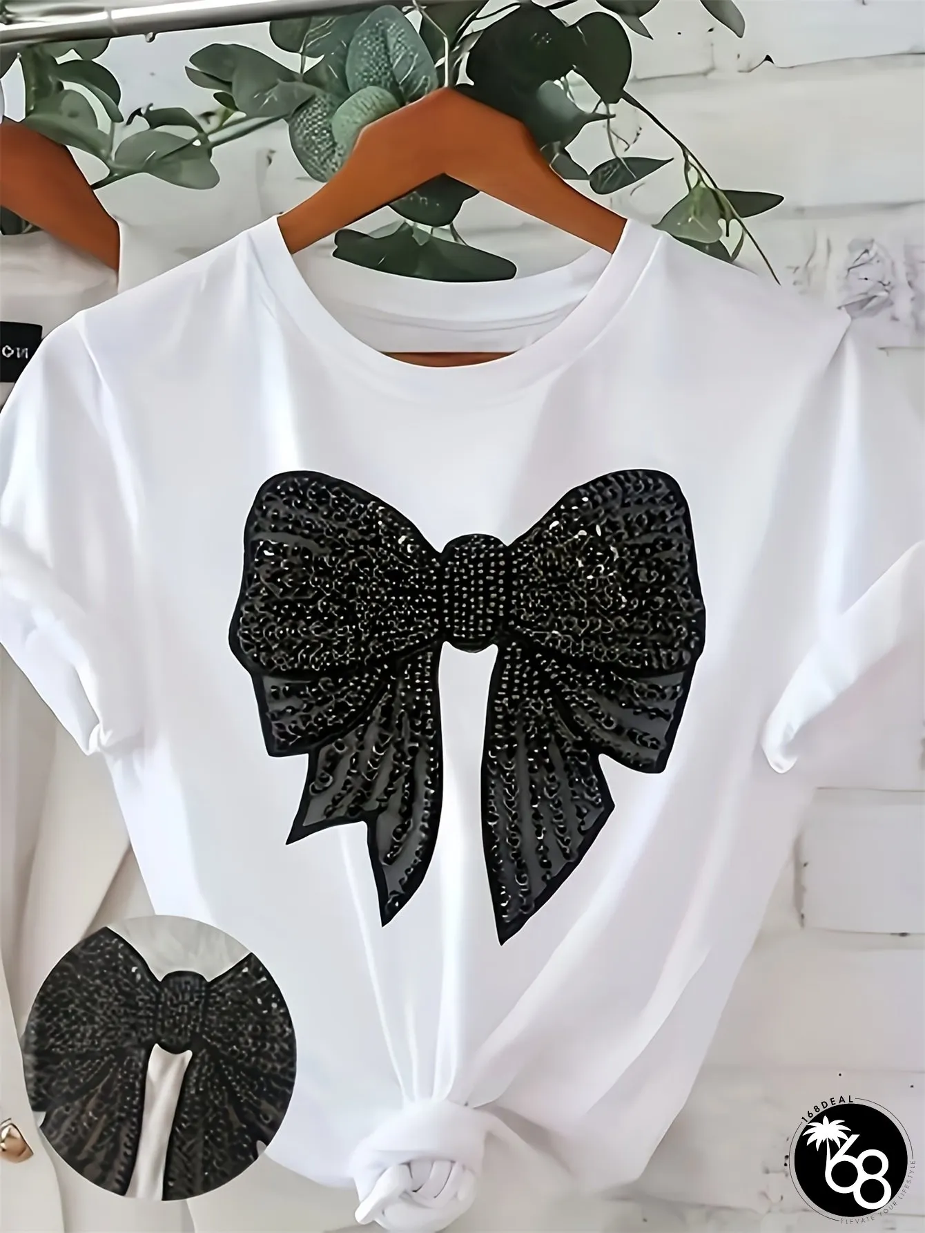 Womens Casual Short Sleeve T-Shirt with Black Sequin Bow Print Round-neck All-Season Top | 168DEAL