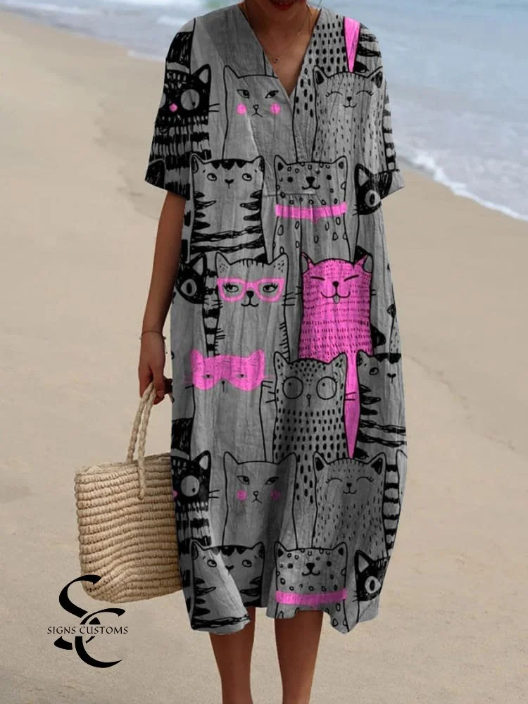 Women's Vintage Cute Cats Art Print Flowy Dress