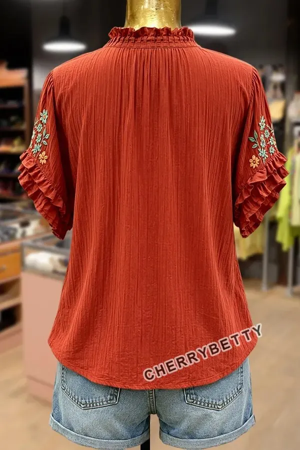 【新品未使用】Lure you in / Bouquet frill tops Chic Flower Embroidered V-Neck Ruffle Sleeve Top