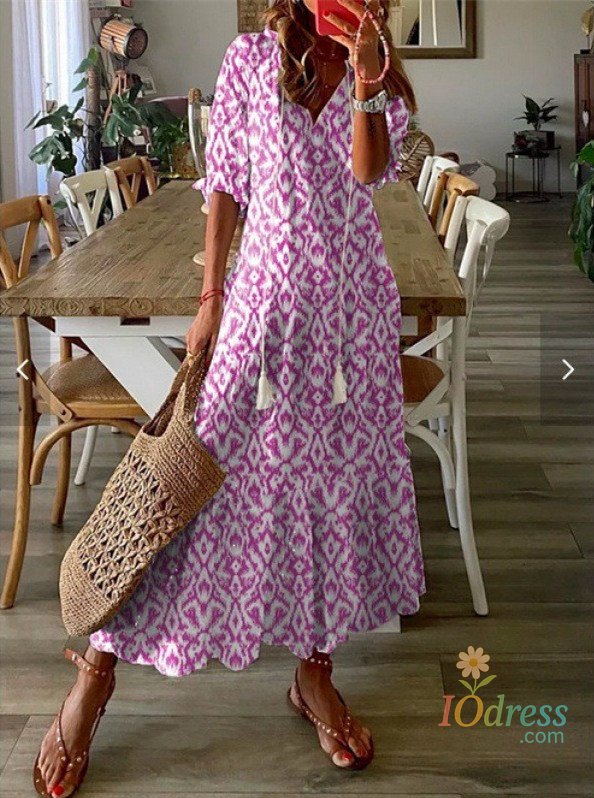 IO Dress 2024 Women Vintage Print Bohemian Dress Summer Fashion V Neck Half Sleeves Long Dresses Female Casual Holiday Beach Dresses IO Dress