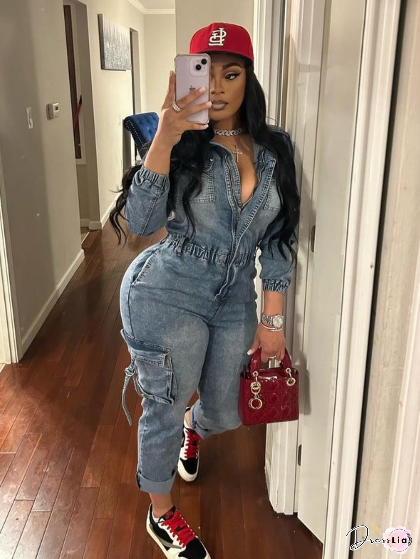 Women's High-Stretch Denim Jumpsuit - Full-Zip Collar Long Sleeve Romper with Cargo Pocket & Belt-Free Waist, Machine Washable Western Workwear Outfit (Spring/Fall/Summer) - Casual to Formal Events, One-Piece Pants Suit