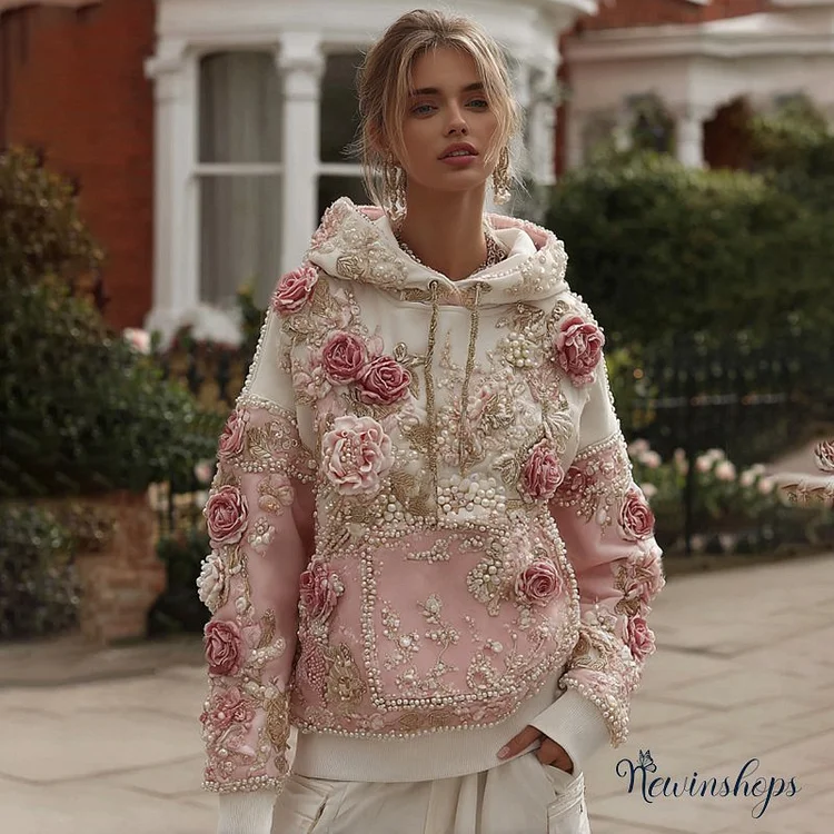 Women's Classic Rose Embroidery And Color Block Comfy Hoodie