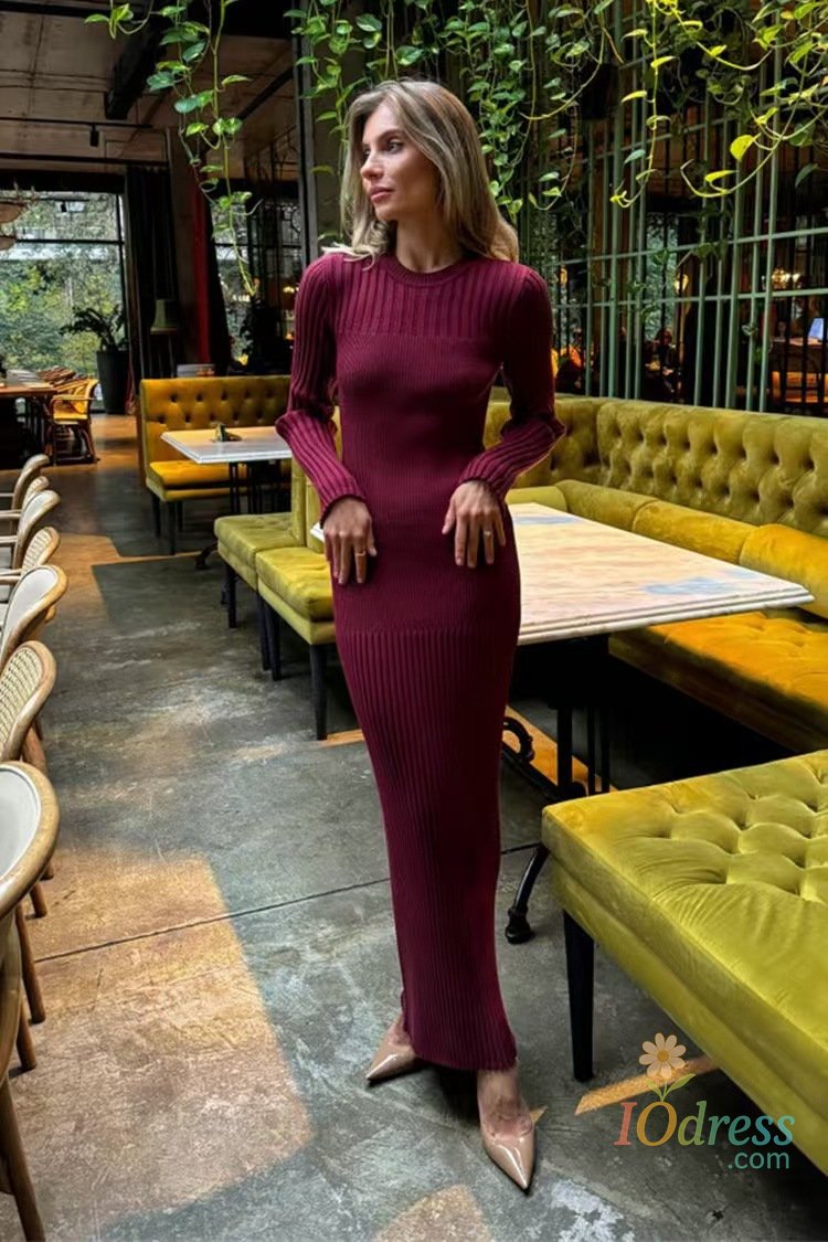 IO Dress 2025 Spring White Khaki Black Women Knitted O-Neck Long Sleeve Sheath Dress Elegant Ribbed Slim Bodycon Maxi Dresses