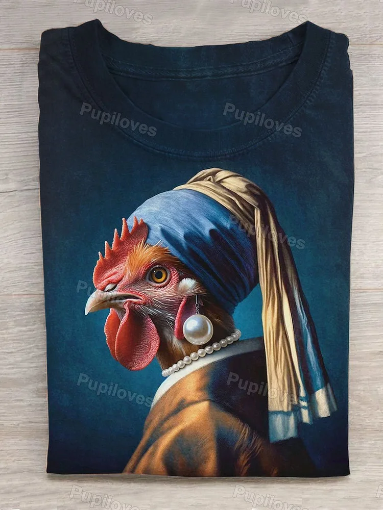 Pupiloves Pupiloves  Funny The World Famous Painting Girl With A Pearl Earring And Christmas Chicken Art Print Design T-Shirt