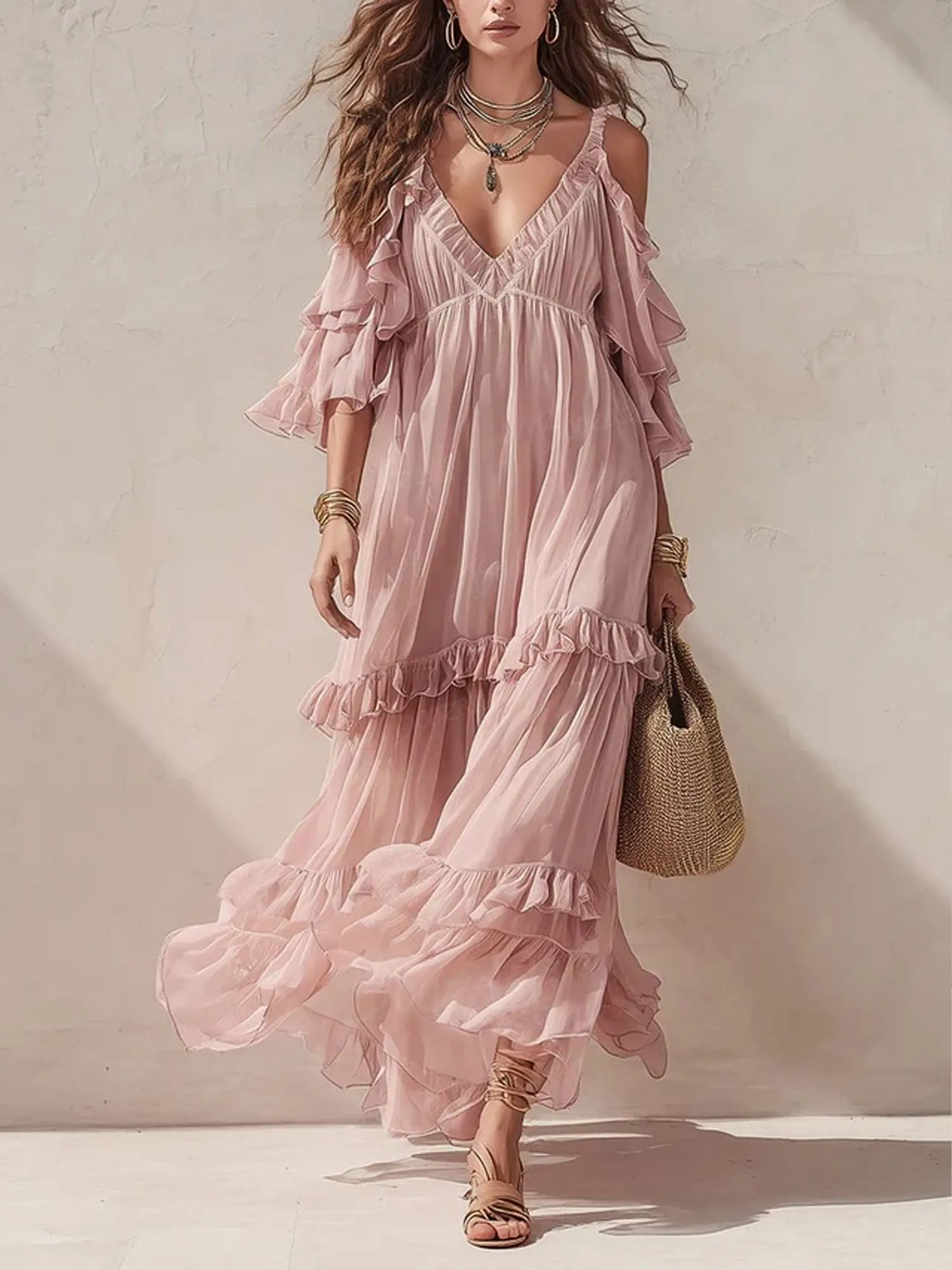 Perfect for American Vintage Music Festivals &mdash; Fall 2026 Women's Romantic Ruffled Tiered, Soft Pink, Cold-Shoulder Cut, Flowing Lightweight Maxi Dress