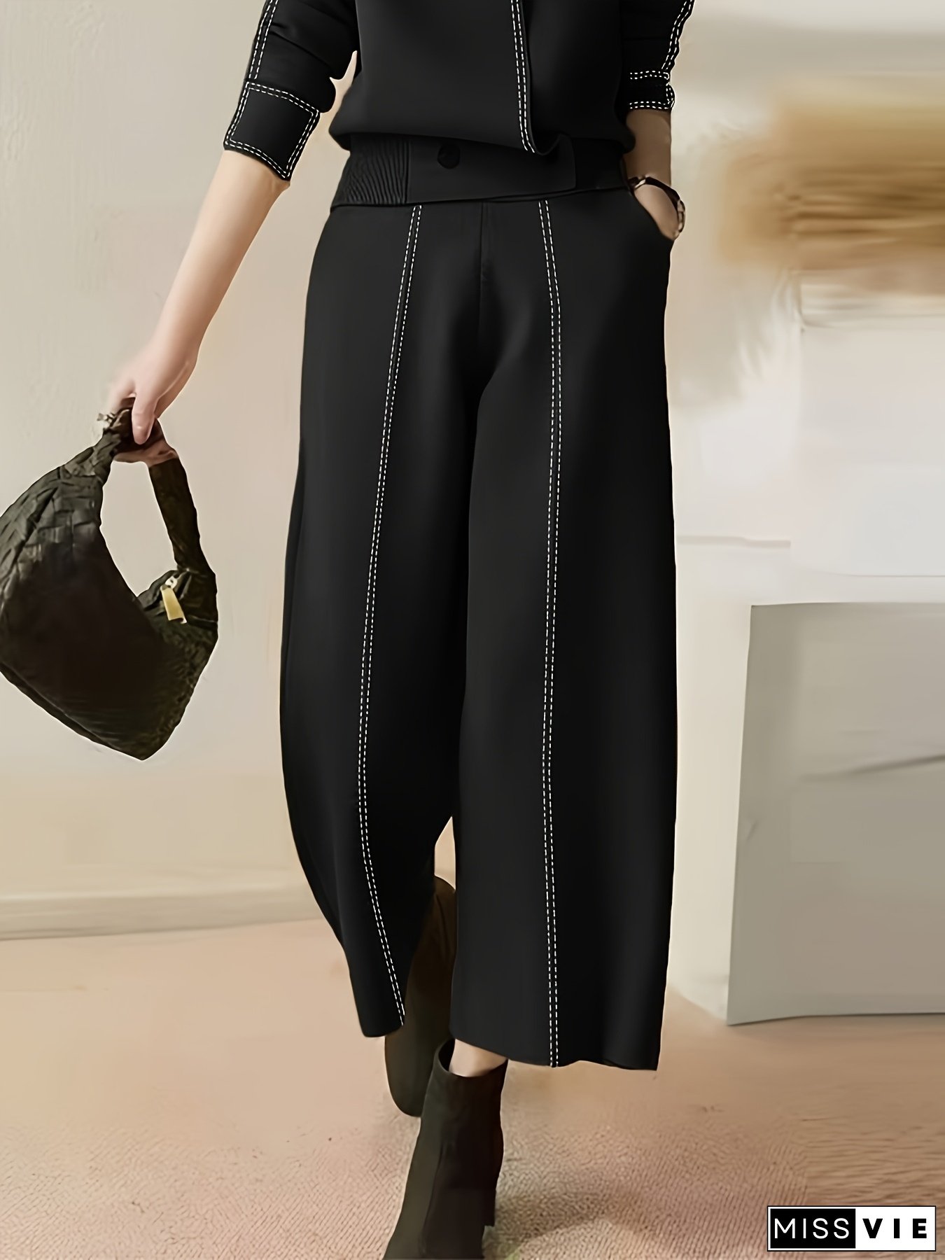 [Lightweight Feel] Women's High-Waisted Loose Knit Pants with Pockets - Casual Wide Leg, Black, Available in S to 2XL, Perfect for Commuting and Urban Fashion, High Waisted Leggings