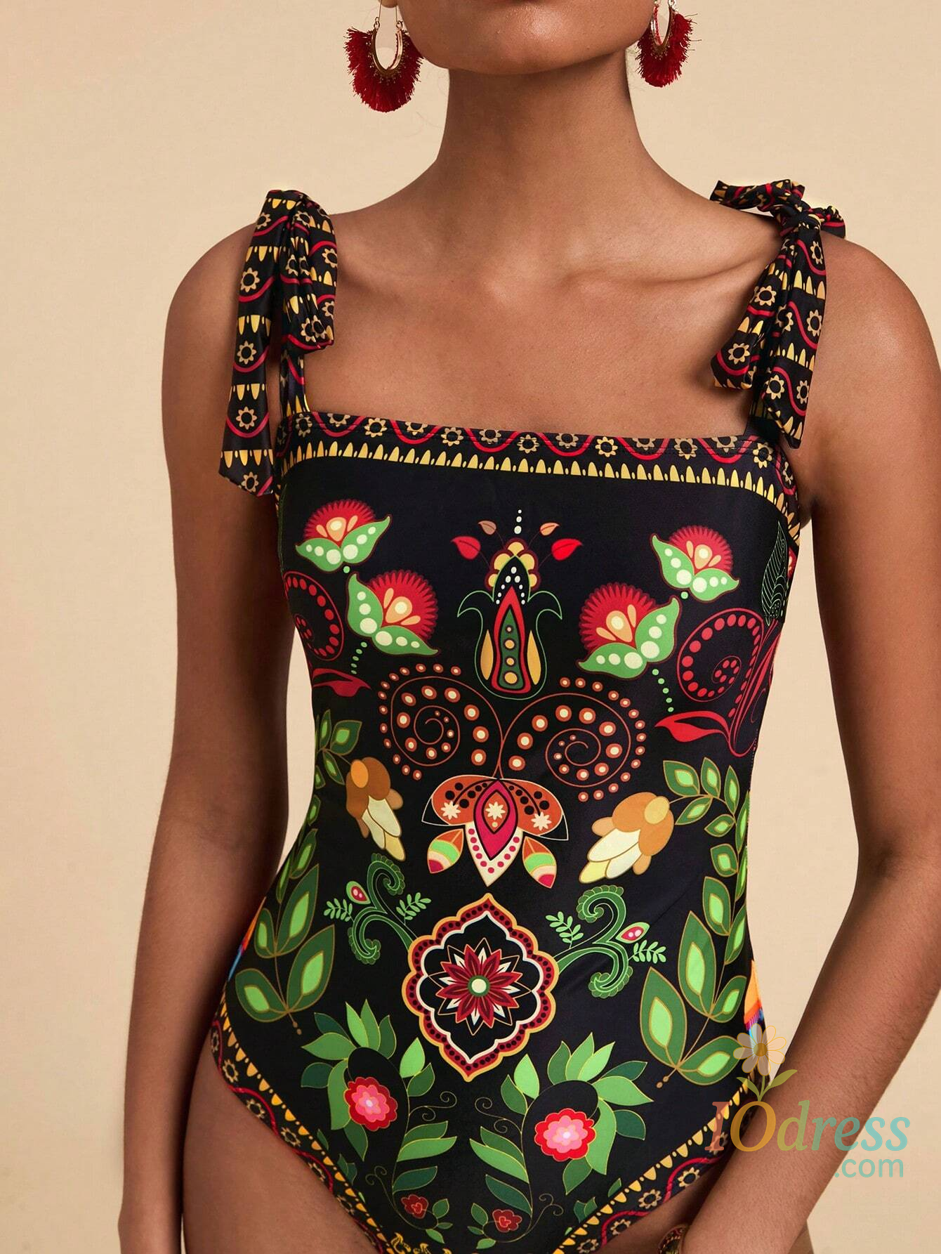 IO Dress Bohemian high-end swimwear women's printed one-piece swimsuit with tie-up straps bikini for a beach vacation